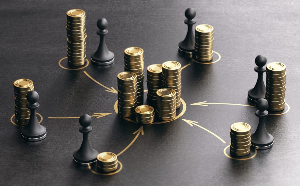 Stacks of coins connected by arrows, symbolizing crowdfunding in real estate investing.