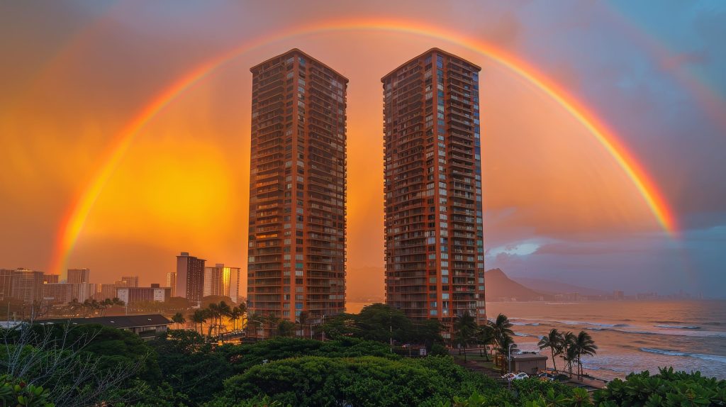 Oceanfront apartment towers with a rainbow in the sky.