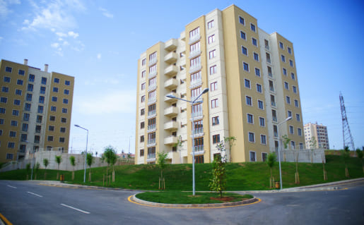 Residential apartment buildings with balconies.
