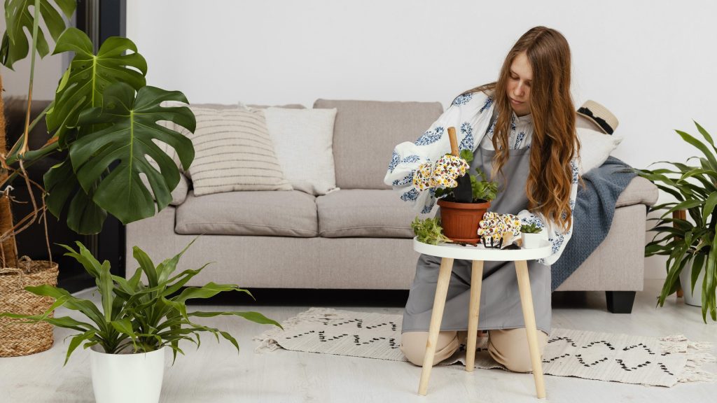 Women putting plants for apartment pest control 