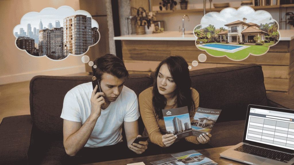 Couple comparing villa vs apartment options