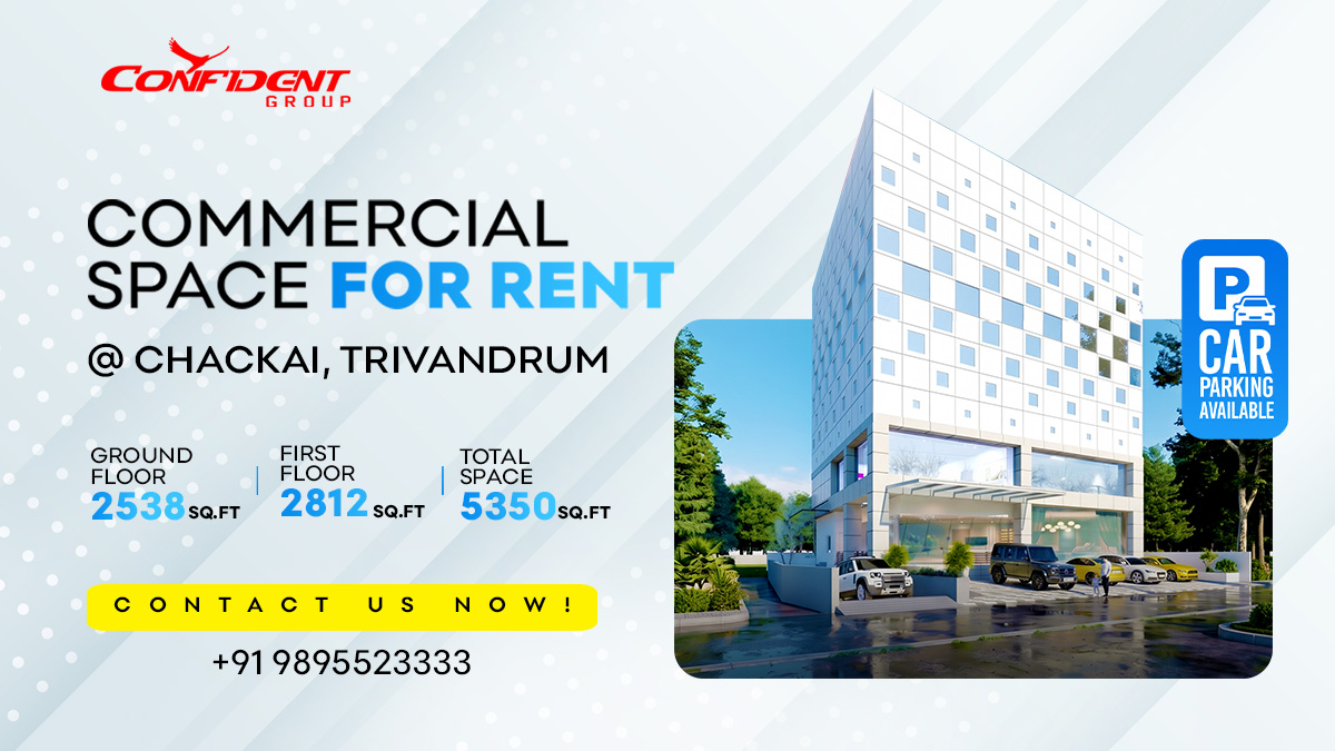Commercial Space For Rent at Chackai, Trivandrum — Ground Floor 2538 Sq.Ft, First Floor 2812 Sq.Ft, Total 5350 Sq.Ft. Car Parking Available.