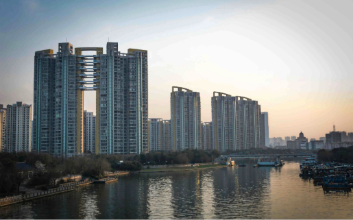 apartment buildings in evening setting